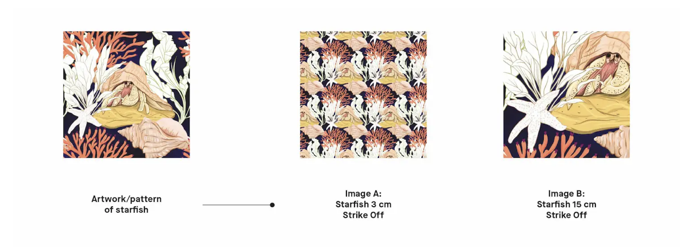Starfish artwork shown as a 3 cm strike off next to a 15 cm strike off