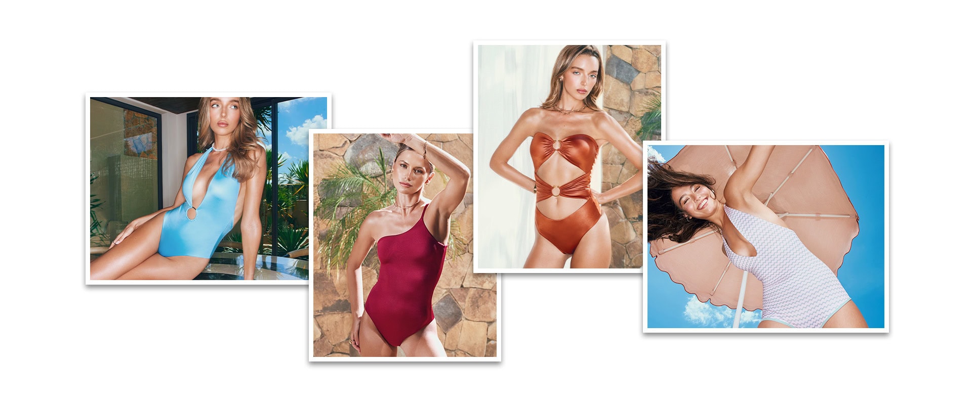 Four Women’s Swim 2027 one-piece styles in blue, burgundy, brown, and white